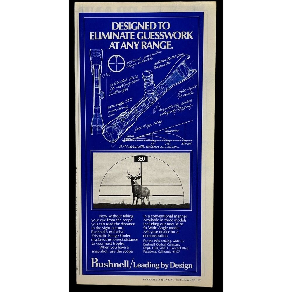 Bushnell Optical Co Print Ad Vintage 1980 Hunting Scopes Pasadena CA